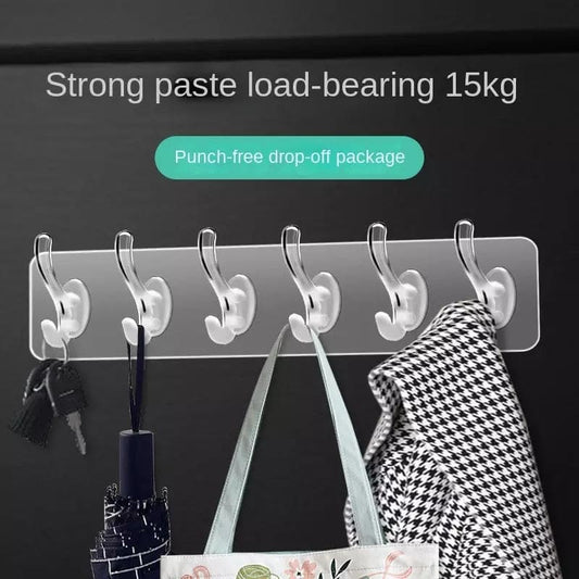 6 Row Transparent Wall Hooks Self Adhesive Clothes Coat Door Hanger Towel Key Holder Bathroom Kitchen Storage Sticker Hook